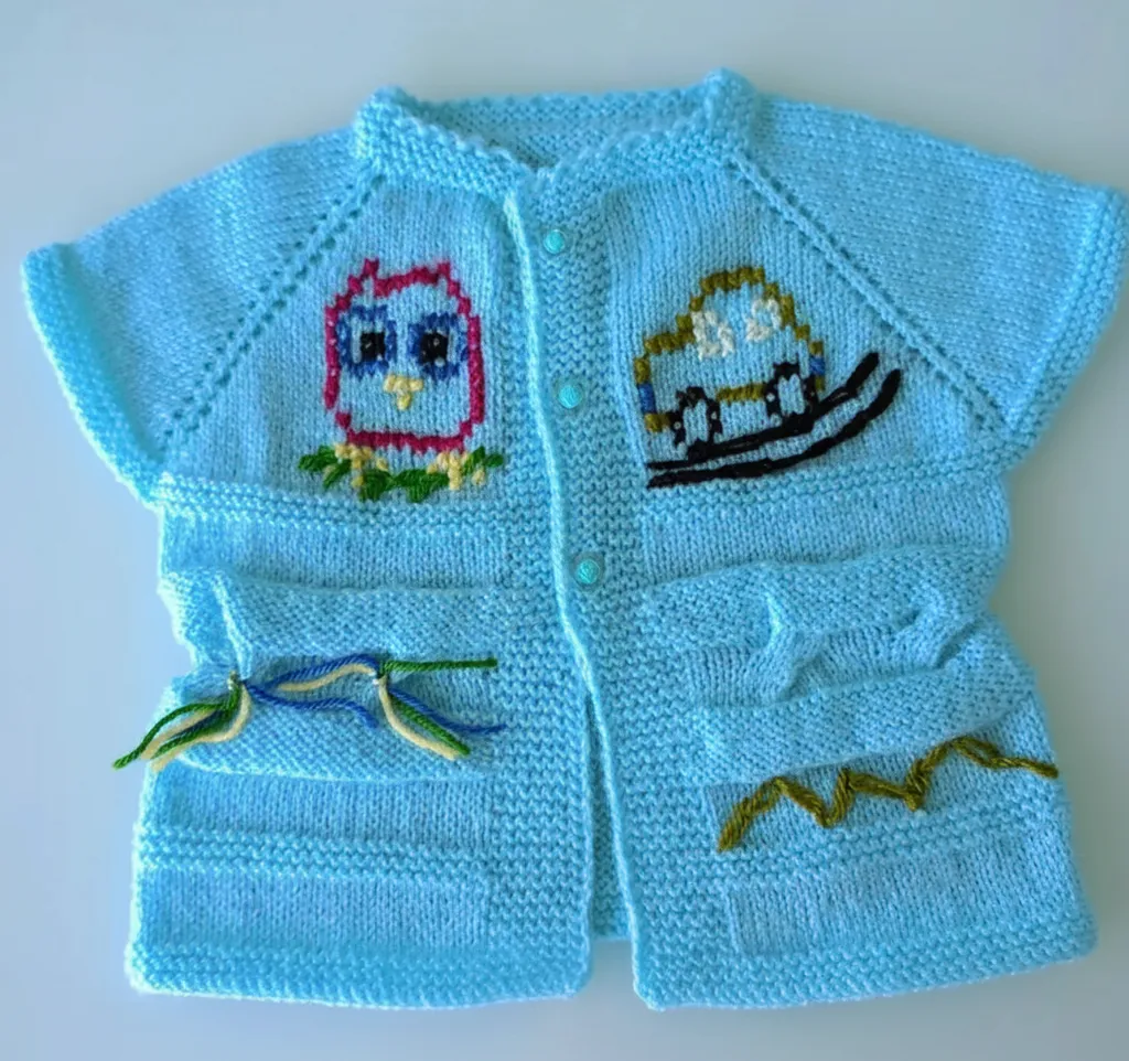 Mavi Örgü Erkek Bebek Yeleği - Baykuş ve Araba Desenli, El Emeği