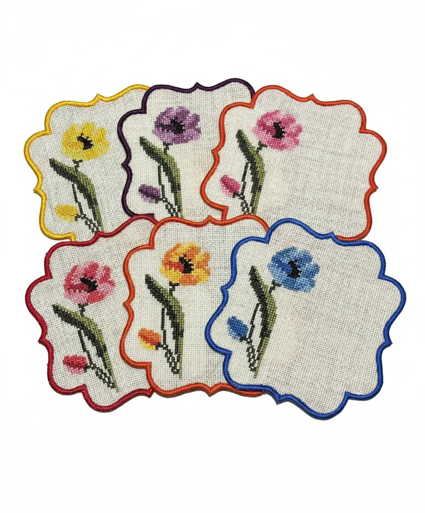 Renkli Çiçek Desenli 6'lı Sunum Peçetesi Seti - El İşlemesi