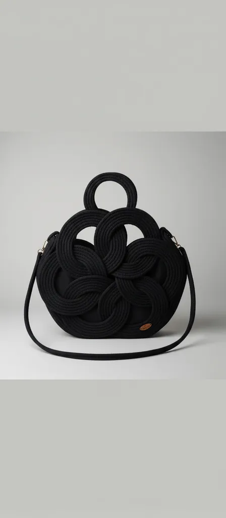 Black Honeycomb Patterned Rope Bag - Shoulder Strap and Handmade
