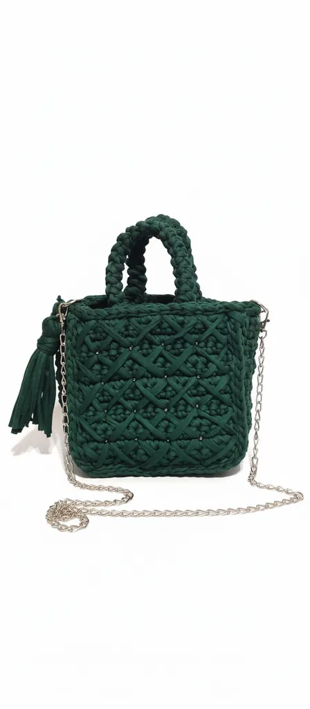 Yeşil Örgü Çanta - Zincir Askılı, Boncuk Detaylı Çapraz Model