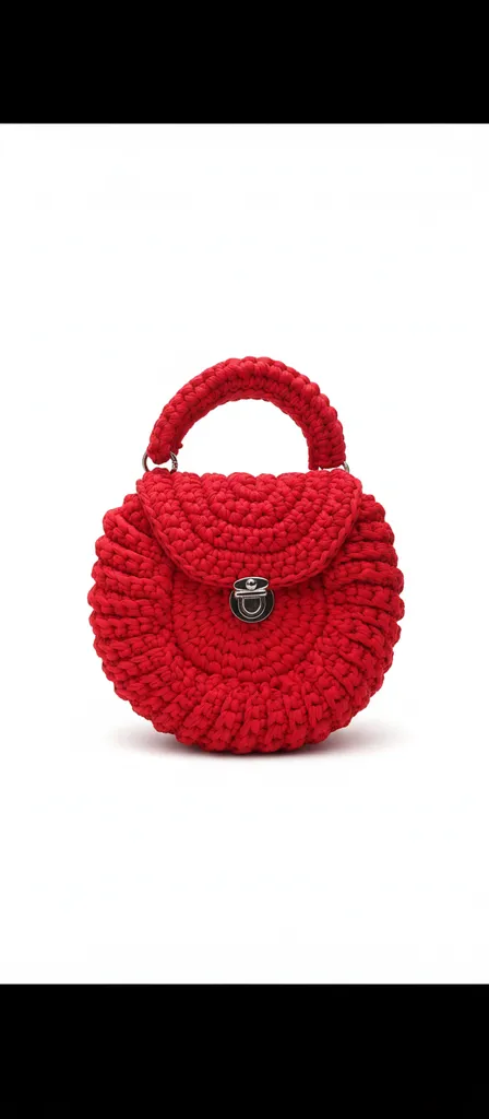 Kırmızı Örgü Portföy Çanta - Yuvarlak Formlu, Kapaklı ve El Emeği