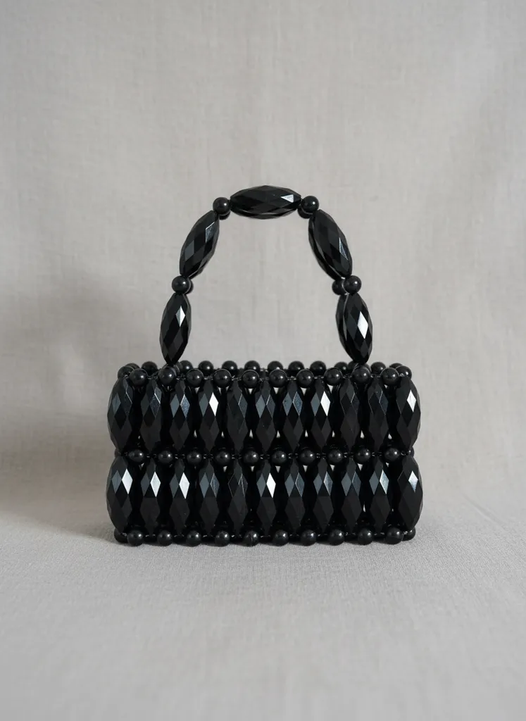 Siyah Kristal Boncuk Detaylı Şık Abiye Çanta - El Yapımı