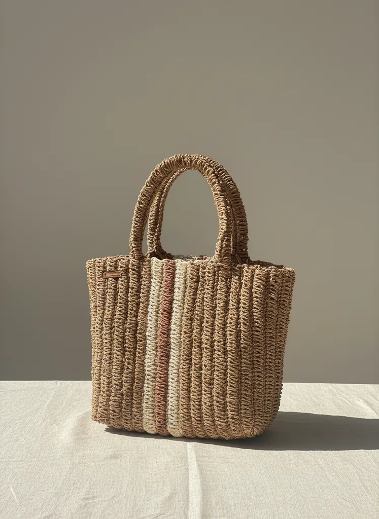 Kahverengi Tonlarında Şerit Detaylı El Yapımı Hasır Çanta