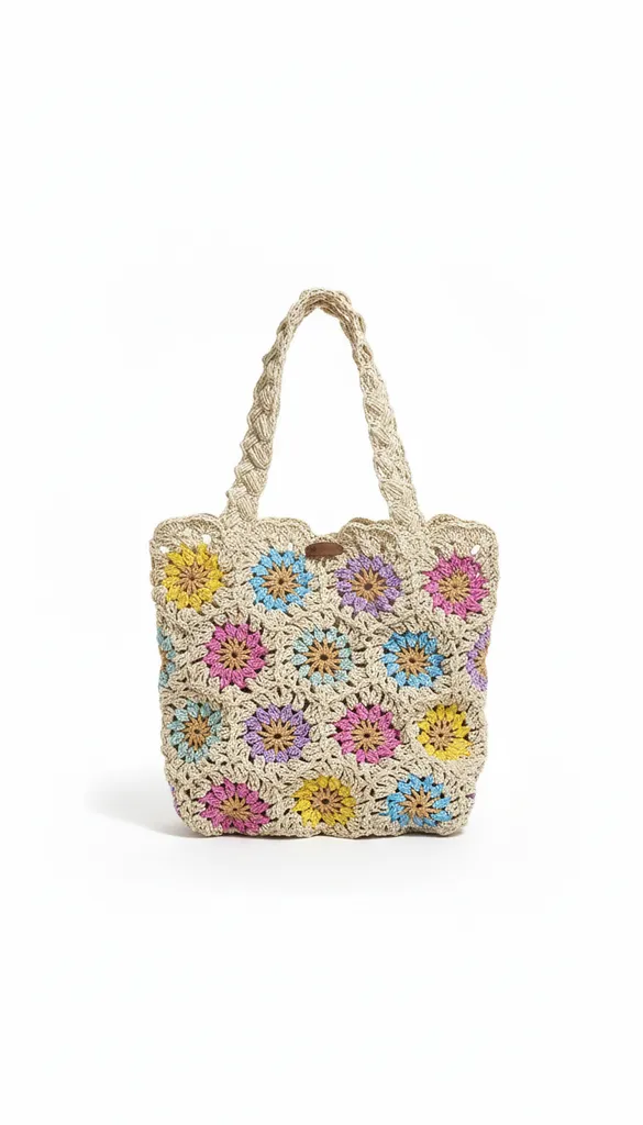 Renkli Çiçek Desenli Örgü Hasır Çanta - Astarlı ve Çıtçıtlı