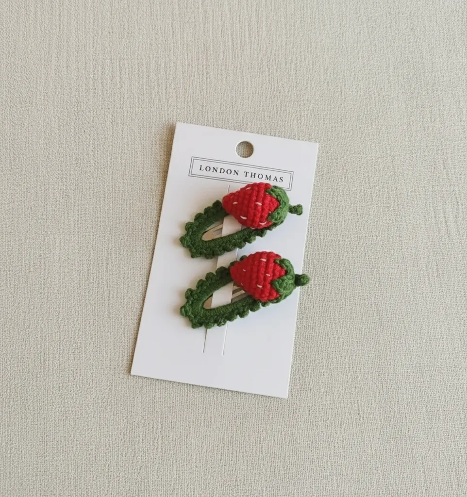 Knitted Strawberry Hair Clip Set - Red and Green Handmade