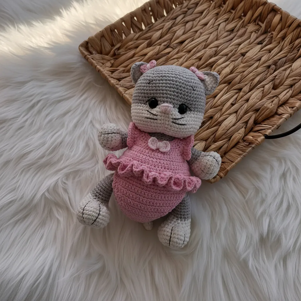 Örgü Oyuncak Kedi - Pembe Tulumlu Sevimli Amigurumi Kedi Bebek