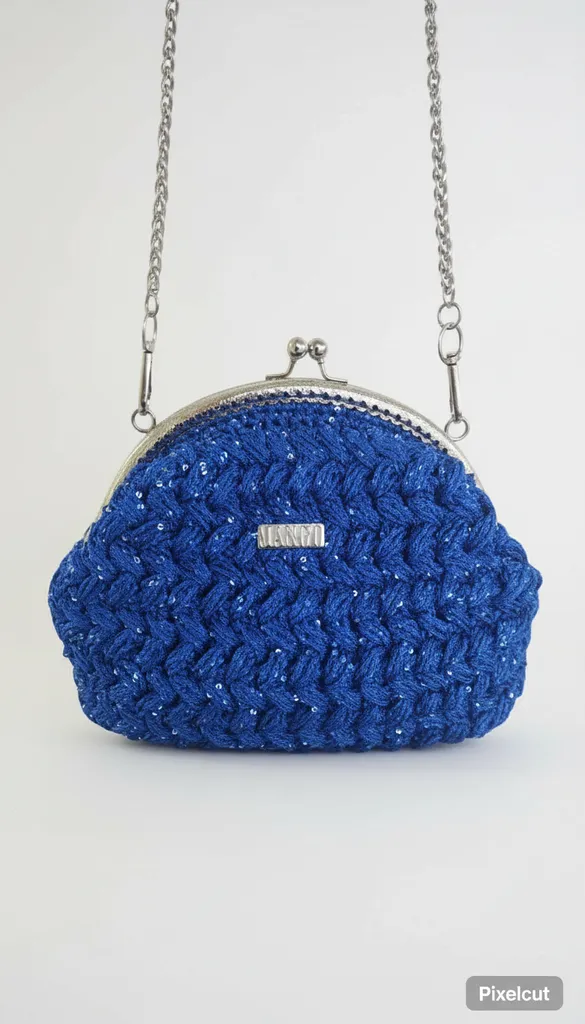 Mavi Simli Makrome İp Örgü Zincir Askılı Portföy Çanta - El Örgüsü