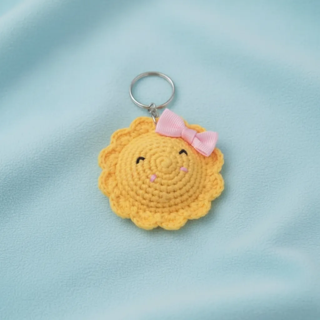 Yellow Lion Figured Knitted Keychain - Pink Bow Handmade