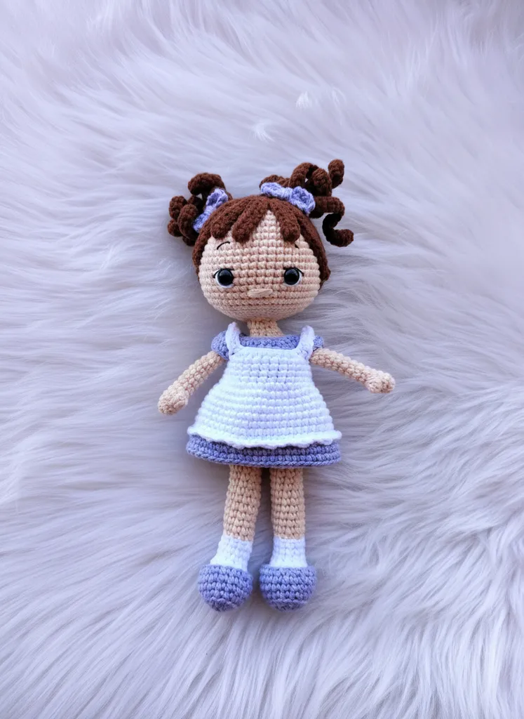 Lila Elbise ve Fındık Saçlı Amigurumi Bebek Oyuncak - 19 cm
