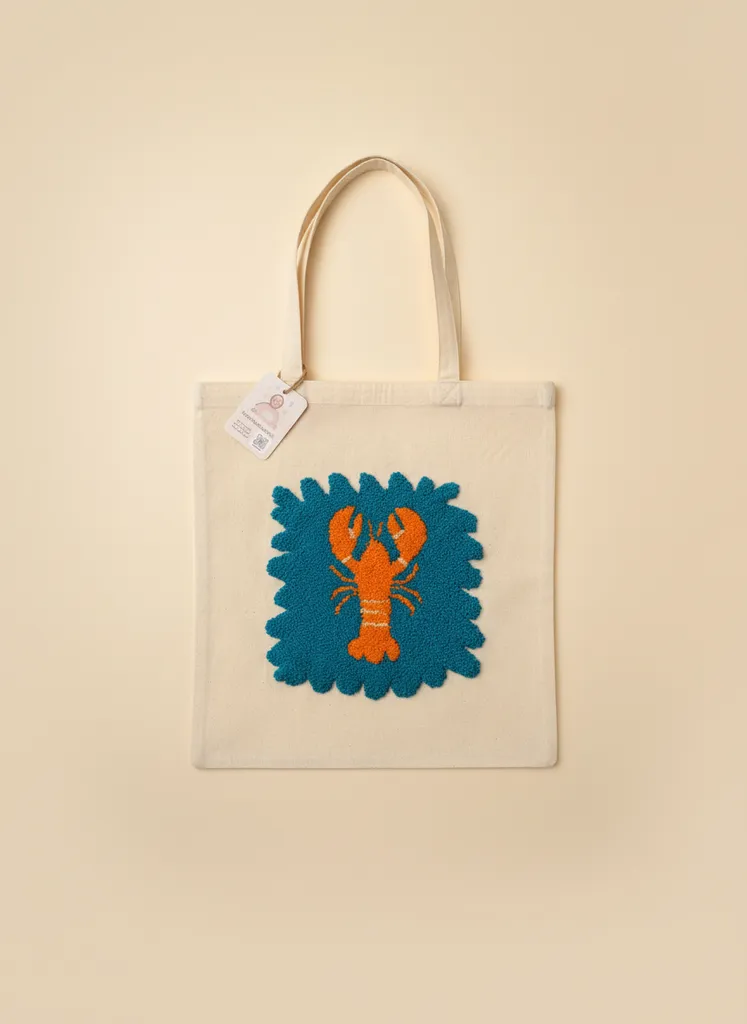 Cream Colored Punch Embroidered Lobster Patterned Cloth Bag - Handmade