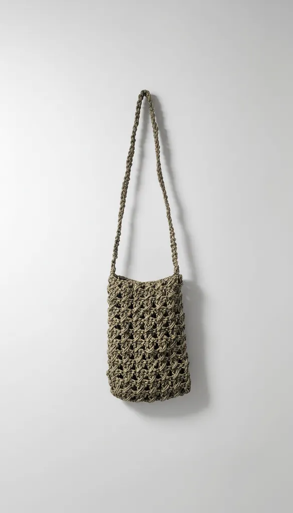 Kağıt İp Örgü Acı Kahve Renkli Telefon Çantası - 12x17 cm