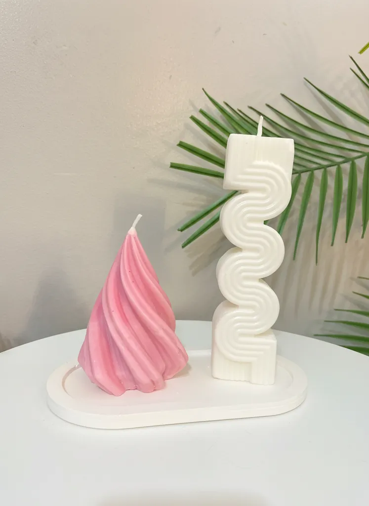 Pembe Spiral Mum ve Beyaz Dalga Mum Seti - Kıvrım Koleksiyonu