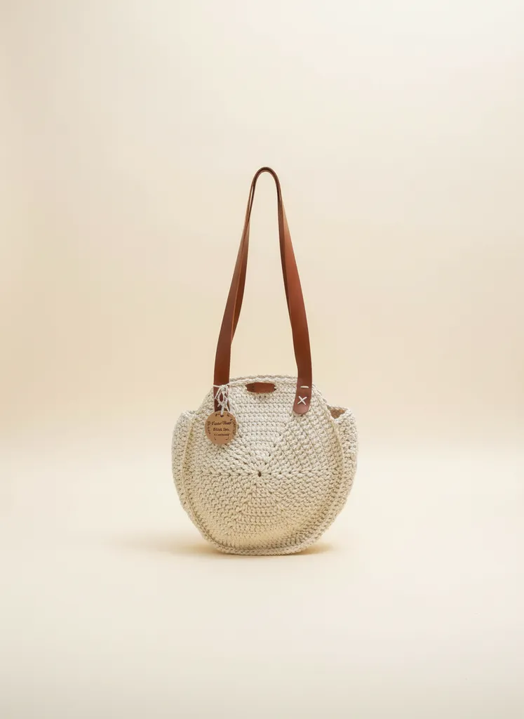 Krem Rengi Örgü Omuz Çantası - Deri Saplı, Yuvarlak Model - El Emeği