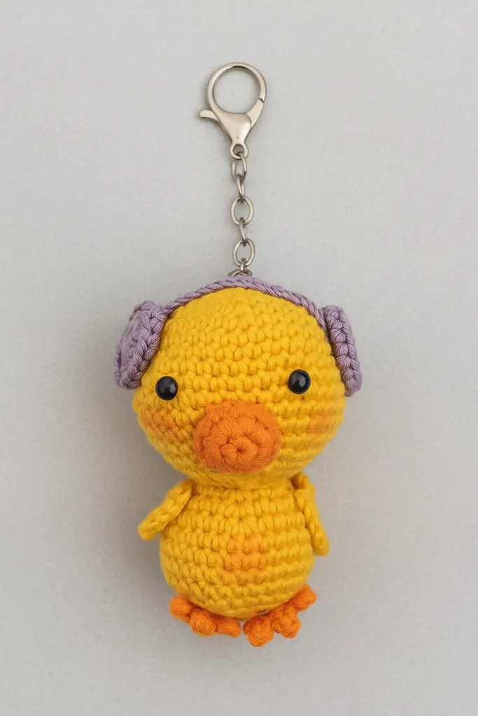 Sarı Örme Kulaklıklı Ördek Anahtarlık ve Çanta Charm - El Emeği