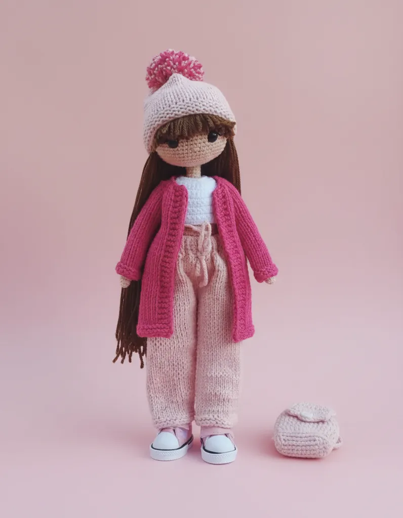 Pembe Örgü Giysili Melodi Bebek - 30 cm Pamuk İplikten El Yapımı