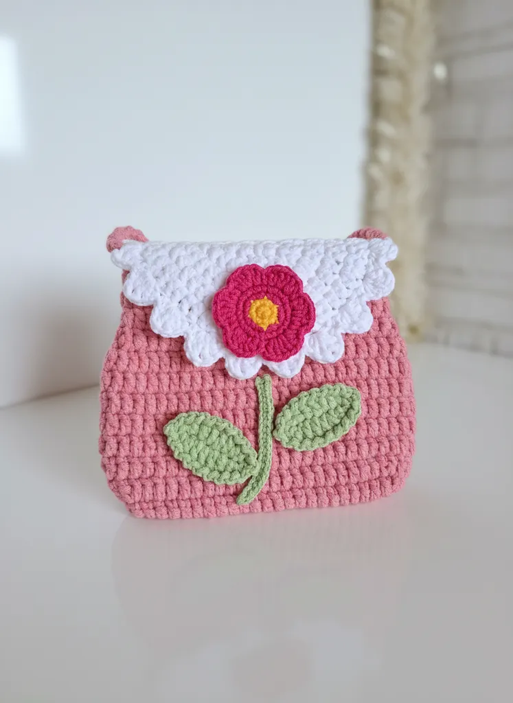 Pembe Örgü Çanta - Papatya ve Çiçek Detaylı Çocuk Omuz Çantası