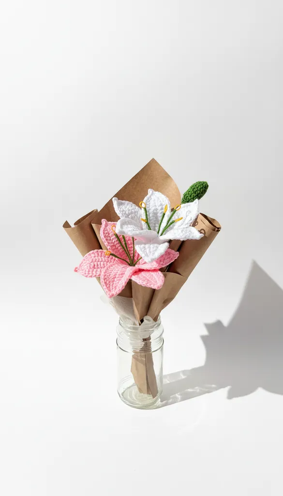 Pink and White Hand Knitted Lily Bouquet - Decorative Gift Flower