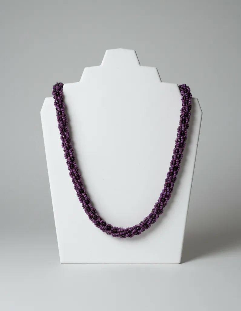 Lavender and Purple Toned Beaded Knit Necklace - Handmade Design