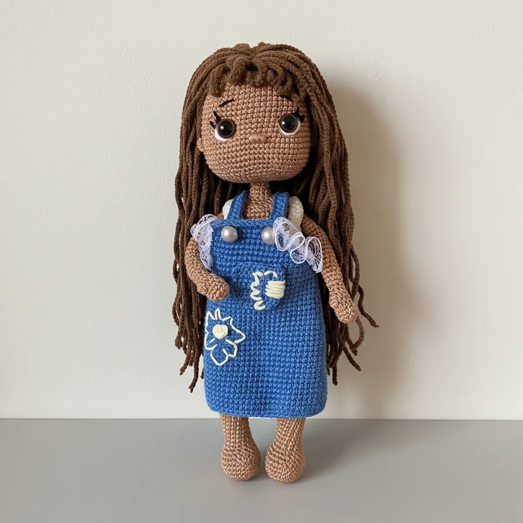 Mavi Tulumlu Amigurumi Kız Bebek - 28 cm Telli El Emeği Oyuncak