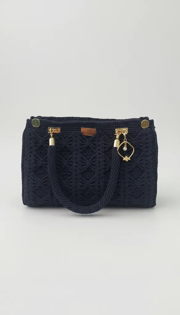 Lacivert Örgü Omuz Çantası - Fiyonk Detaylı, Şık Tasarım
