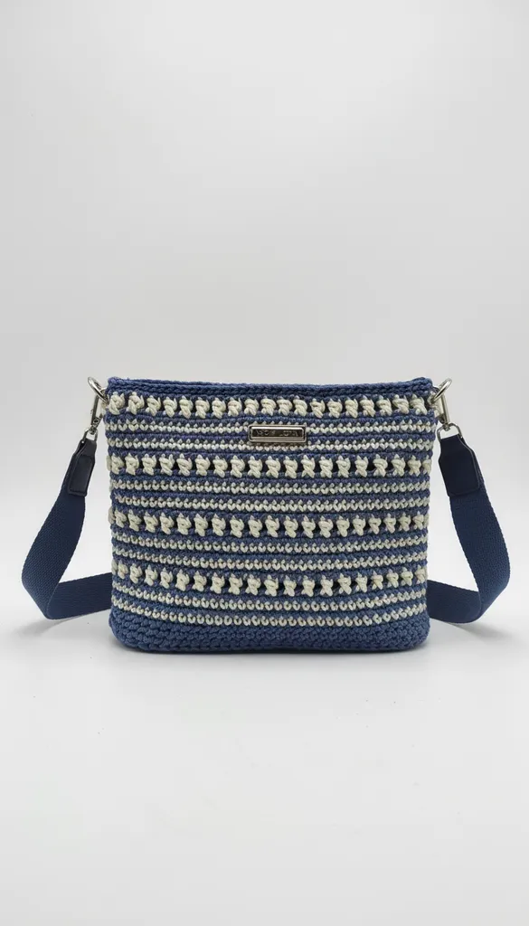 Mavi ve Krem Renkli Örgü Omuz Çantası - Yandan Uzun Saplı