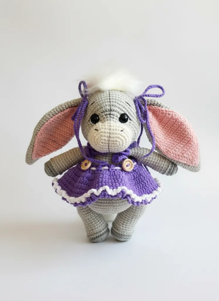 Knitted Toy Donkey Baby - Purple Dress and Fancy - Handmade