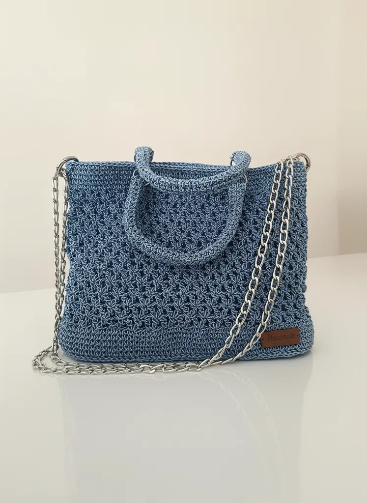 Mavi Örgü El ve Kol Çantası - ajurlu yıldız Görünümlü, Zincir Detaylı, El Emeği