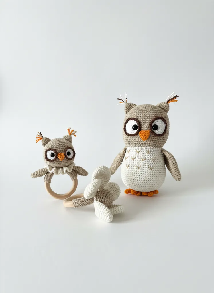 Örme Baykuş Oyuncak Seti - Amigurumi Bebek Çıngıraklı Diş Kaşıyıcı