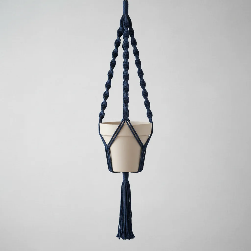 Lacivert Makrome Saksılık - Bohem Tarzı Bitki Askısı 90 cm