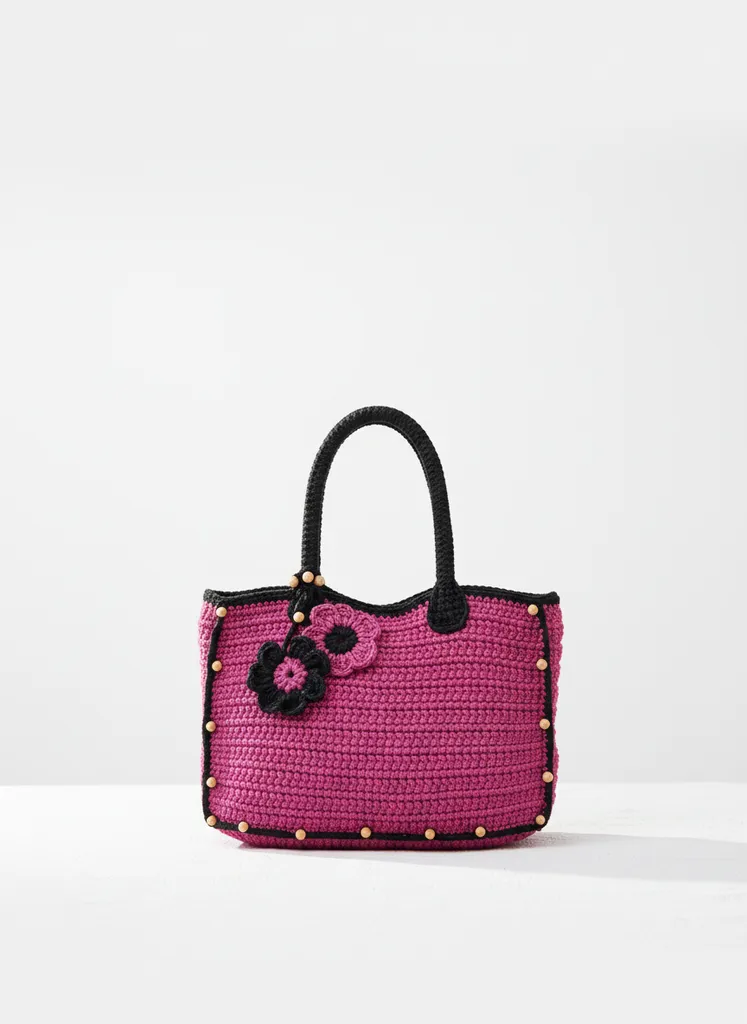 Örgü Pembe Fuşya Omuz Çantası - Ahşap Boncuklu, Çiçek Detaylı