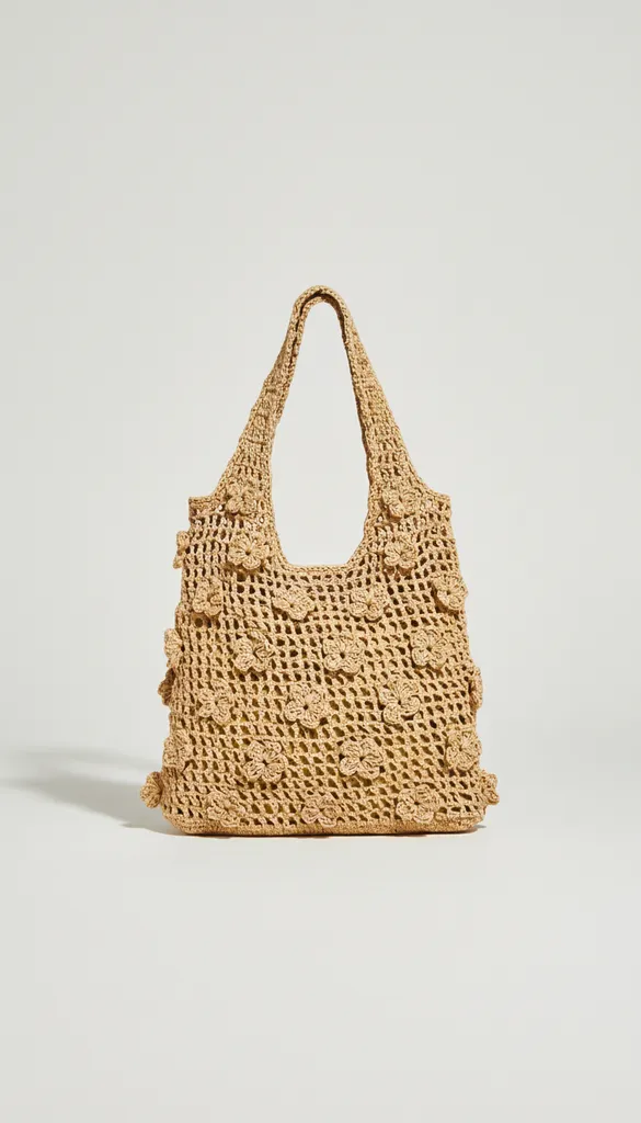 Örgü Çanta - Hasır Görünümlü Çiçek Detaylı El Örgüsü Plaj Çantası