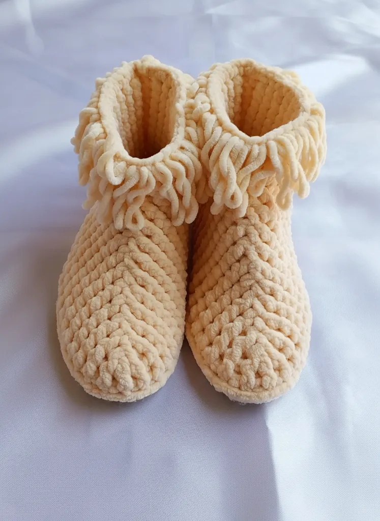 Krem Rengi Örgü Bebek Ev Botu - Ören Bayan İpi ile El Örgüsü