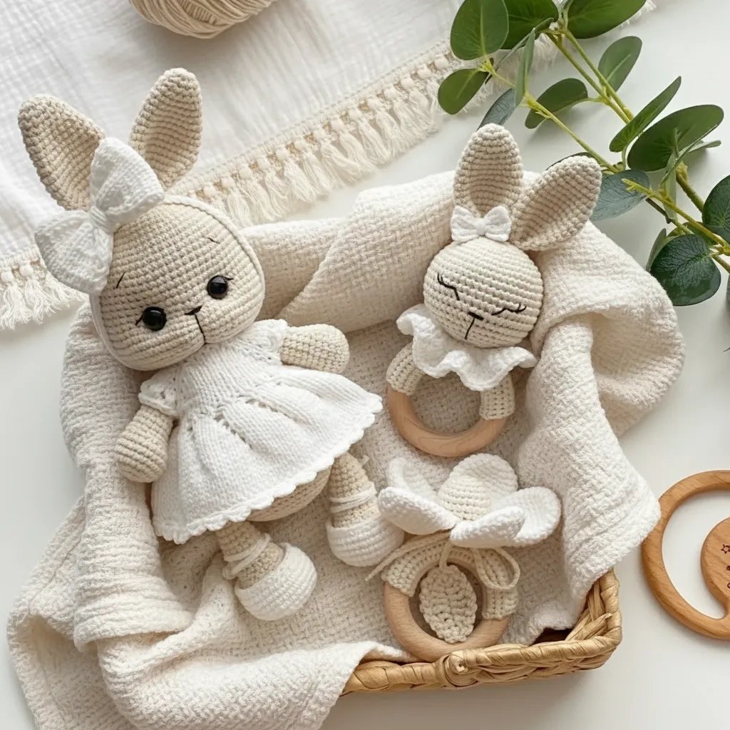 Amigurumi Tavşan Oyuncak Seti - 3'lü Krem Rengi El Yapımı