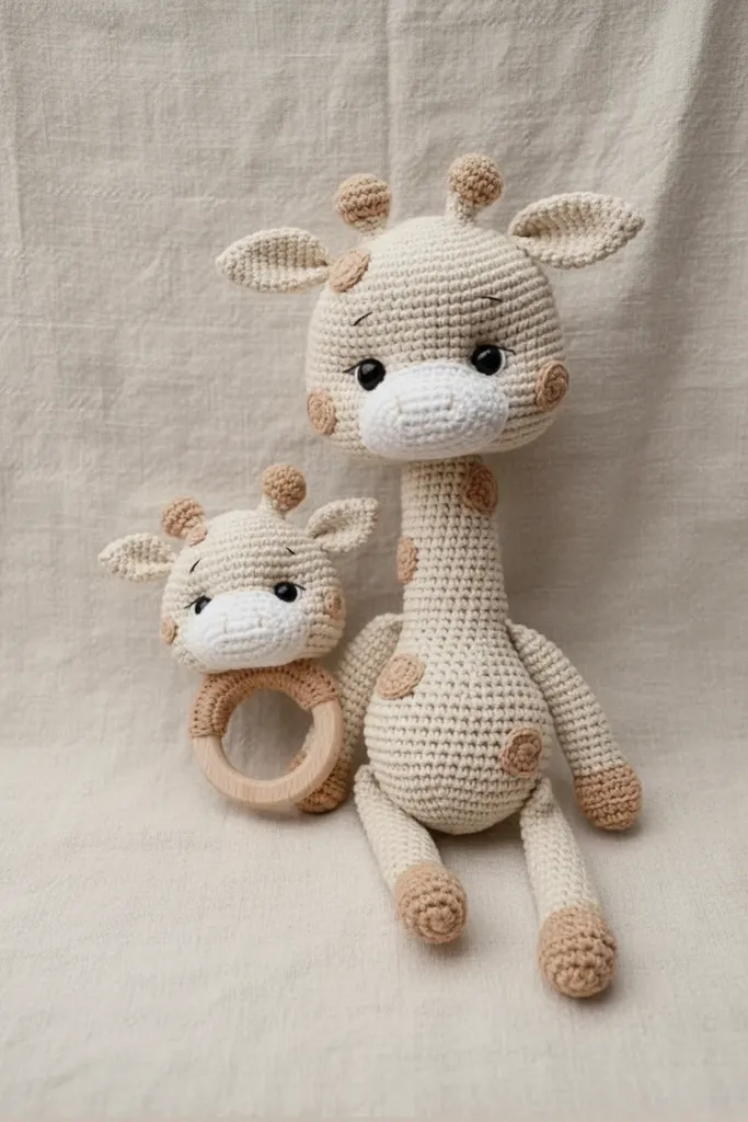 Pamuk İplikten Amigurumi Zürafa Oyuncak ve Ahşap Halkalı Dişlik Seti