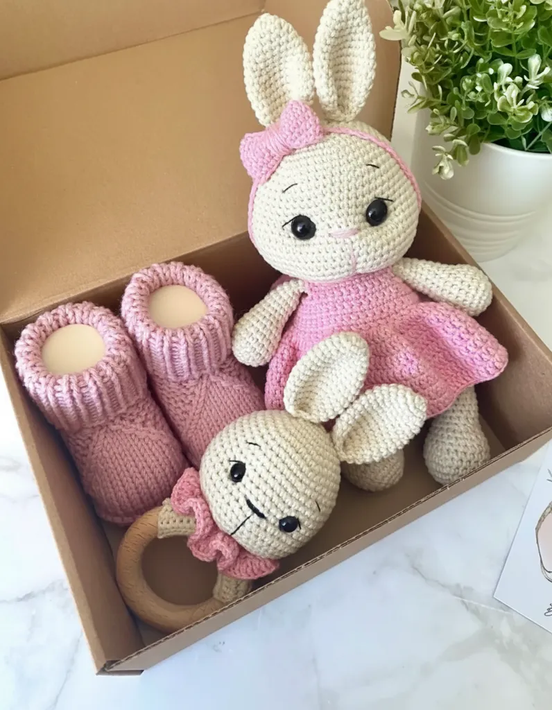 Pembe Tavşan Oyuncak, Patik ve Çıngırak Amigurumi Bebek Seti