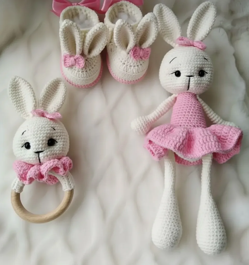 Amigurumi Lena Tavşan Oyuncak, Çıngırak ve Patik Seti - El Yapımı