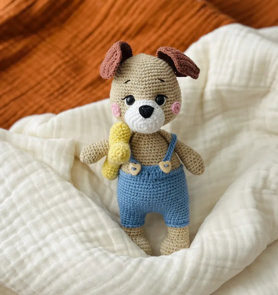 Mavi Tulumlu Amigurumi Köpek Oyuncak - Kemikli Köpüş - El Yapımı