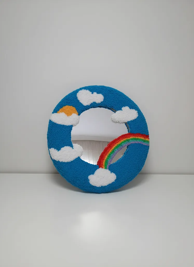 Rainbow and Cloud Themed Punch Embroidered Round Wall Mirror