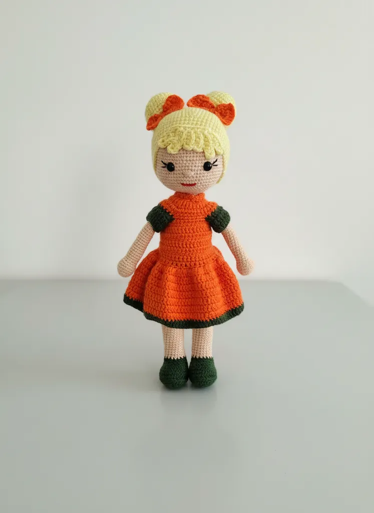 Amigurumi Örgü Oyuncak Bebek - Turuncu Elbiseli Şeker Kız