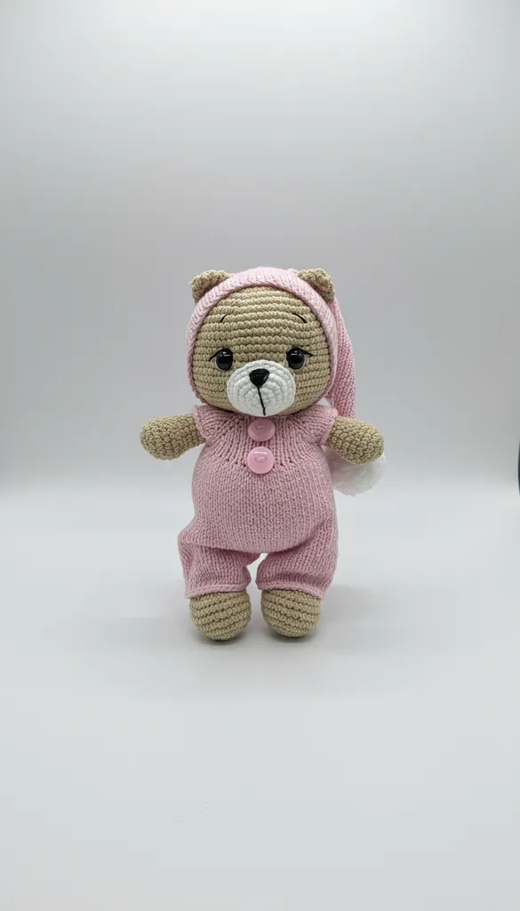 Pembe Tulumlu Şapkalı Amigurumi Ayıcık Oyuncak Bebek - El Emeği