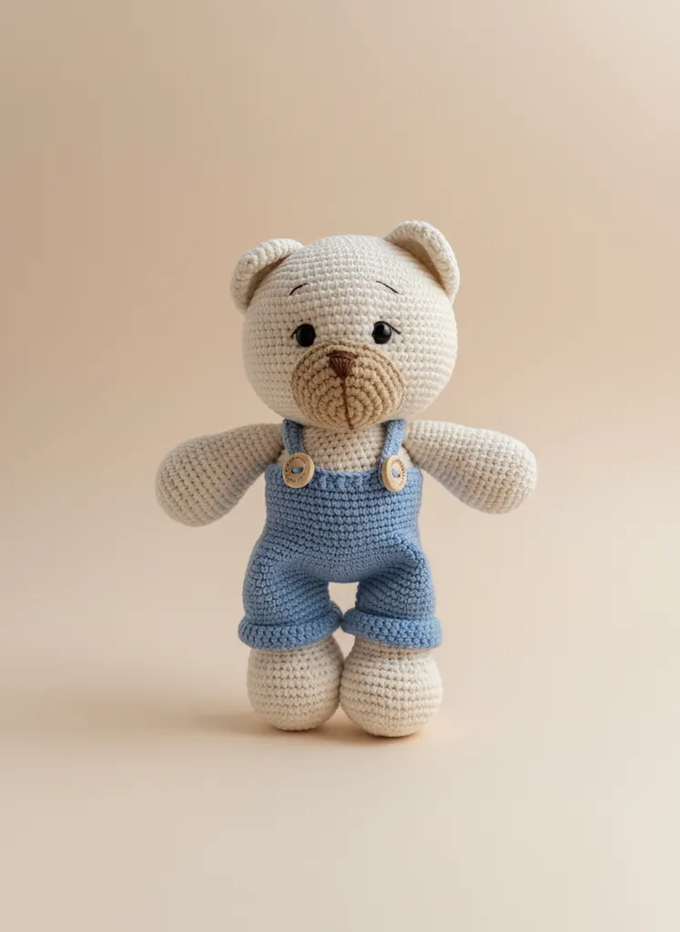 Mavi Tulumlu Örgü Ayıcık Amigurumi Oyuncak Bebek - El Emeği