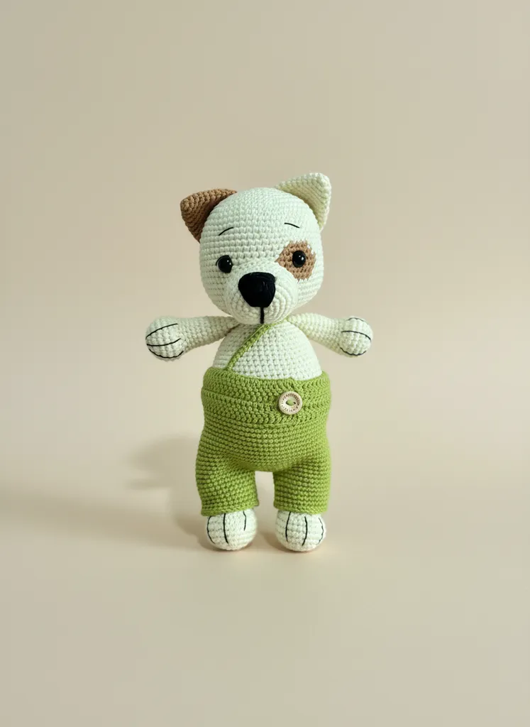 Amigurumi Yeşil Tulumlu Köpek Oyuncak - El Yapımı Örgü Bebek Köpek