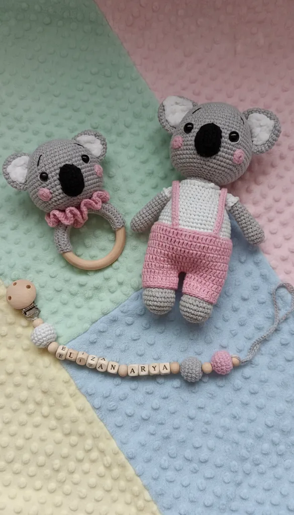 Amigurumi Koala Bebek Oyuncak Seti - Pembe Tulumlu ve Çıngıraklı