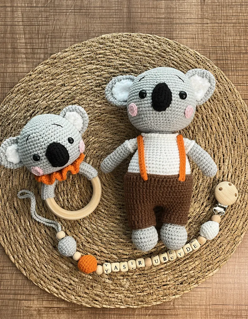 Amigurumi Koala Bebek Oyun Seti - Tulumlu ve Çıngıraklı - El Örgüsü