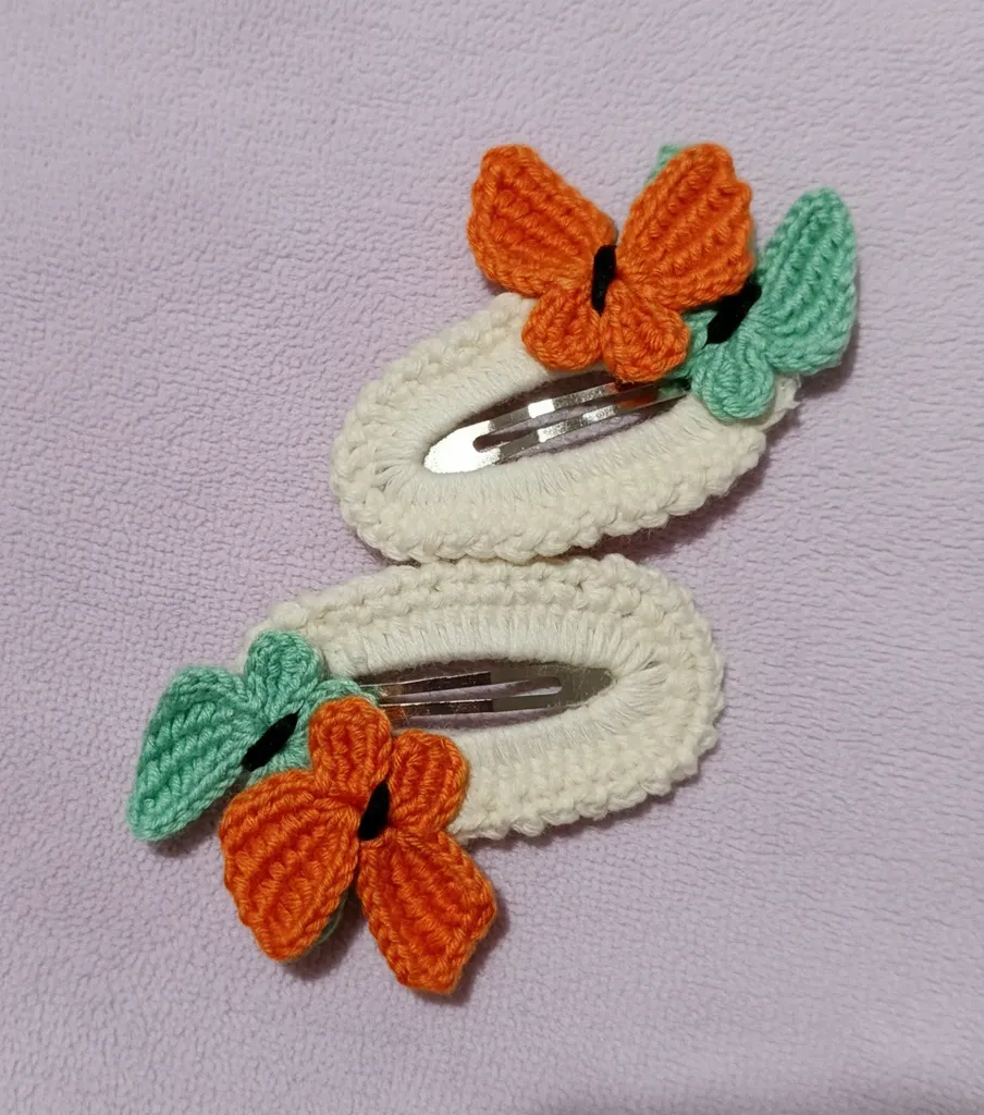 Knitted Butterfly Hair Clip - Orange and Green Snap Hair Accessory