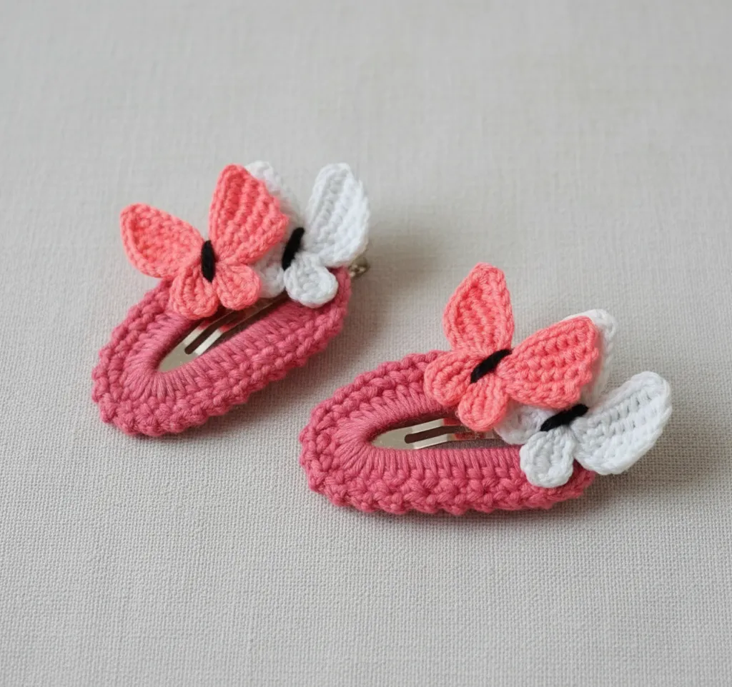 Pink Knit Hair Clip Set - Butterfly Detailed Snap Hair Accessory