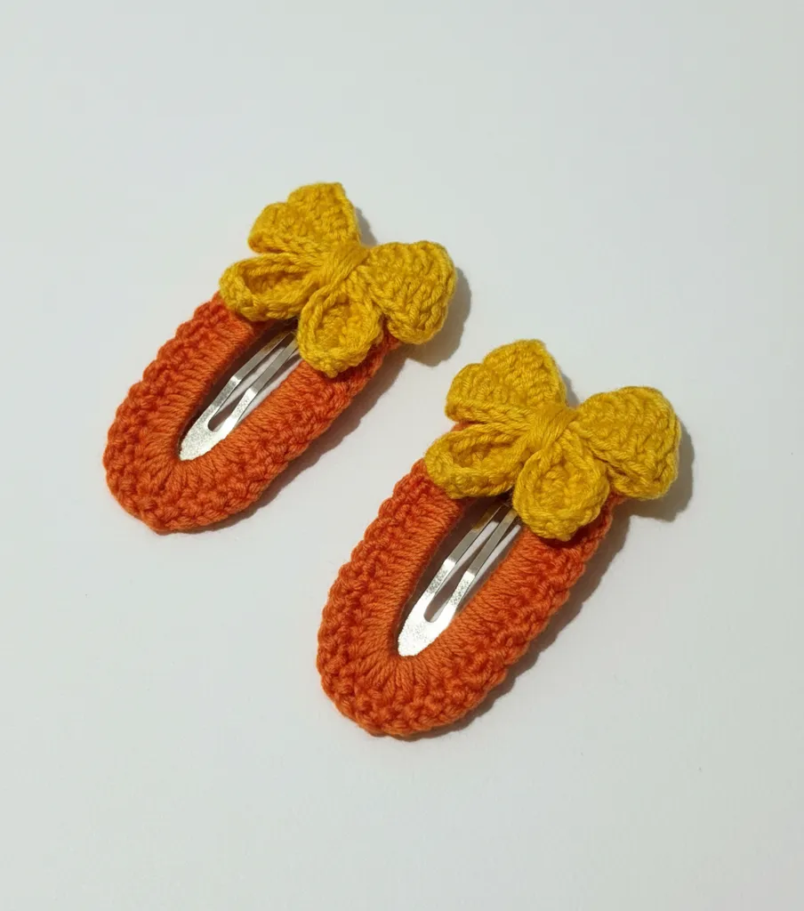 Yellow Bow Orange Knitted Snap Hair Clip Set - Handmade