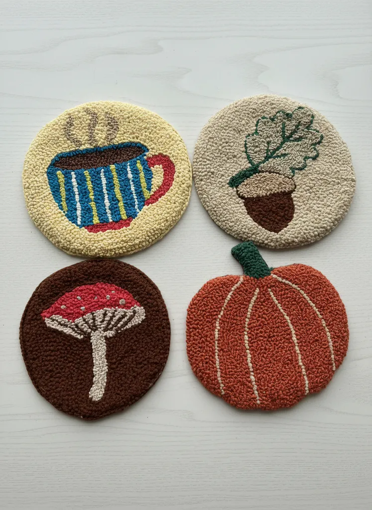 Punch Needle Tekniği ile İşlenmiş Sonbahar Temalı Bardak Altlığı Seti