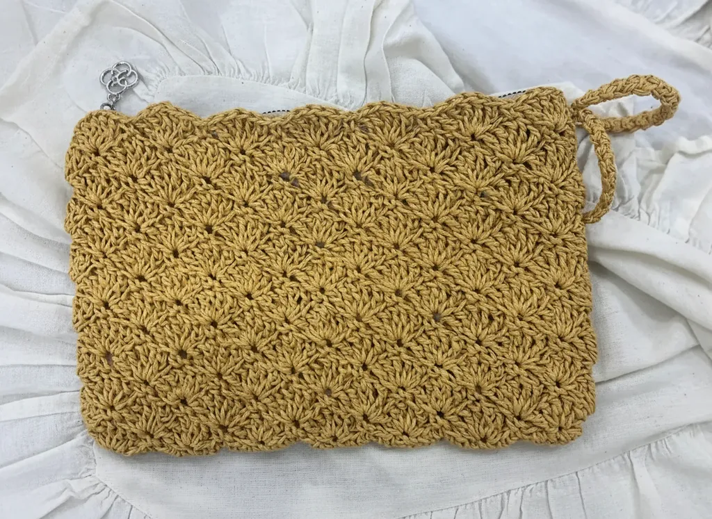 Sarı Kağıt İpten Örgü Astarlı Fermuarlı Clutch Çanta - El Emeği