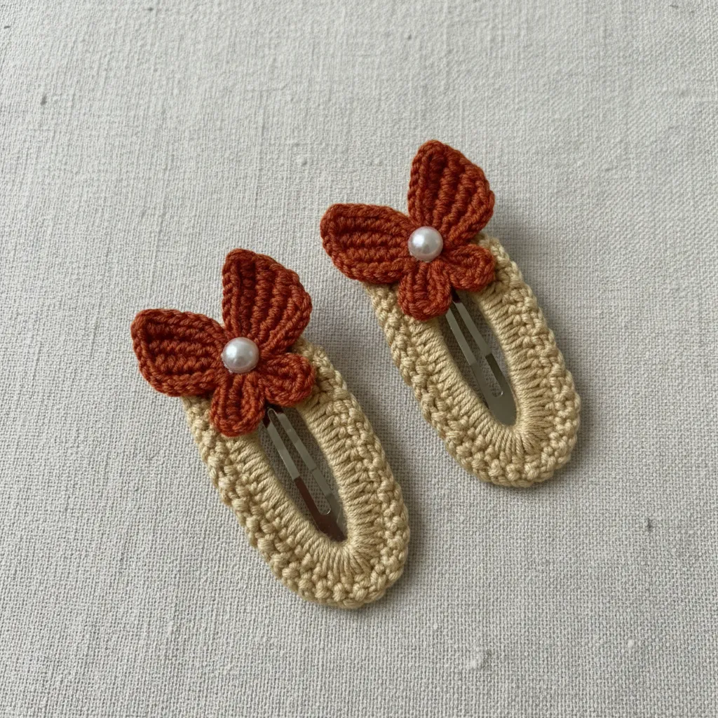 Coffee Butterfly Detailed Knitted Hair Clip - Snap-on, Set of 2